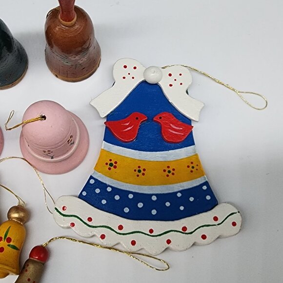 Vintage Lot of 14  Wooden Christmas Bell Hanging Ornaments Set - Picture 3 of 8